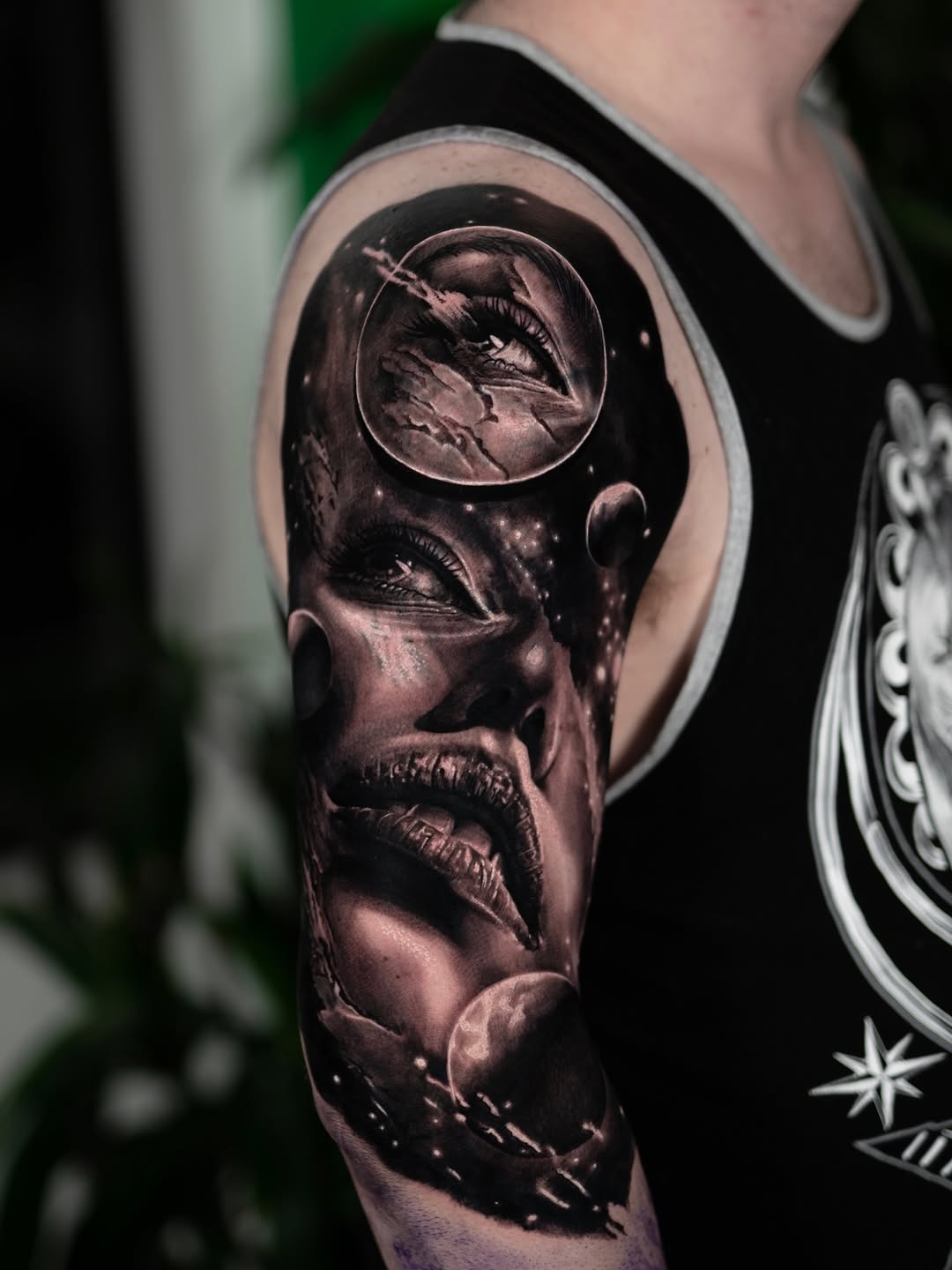 Surreal portrait with celestial eye circles, shoulder