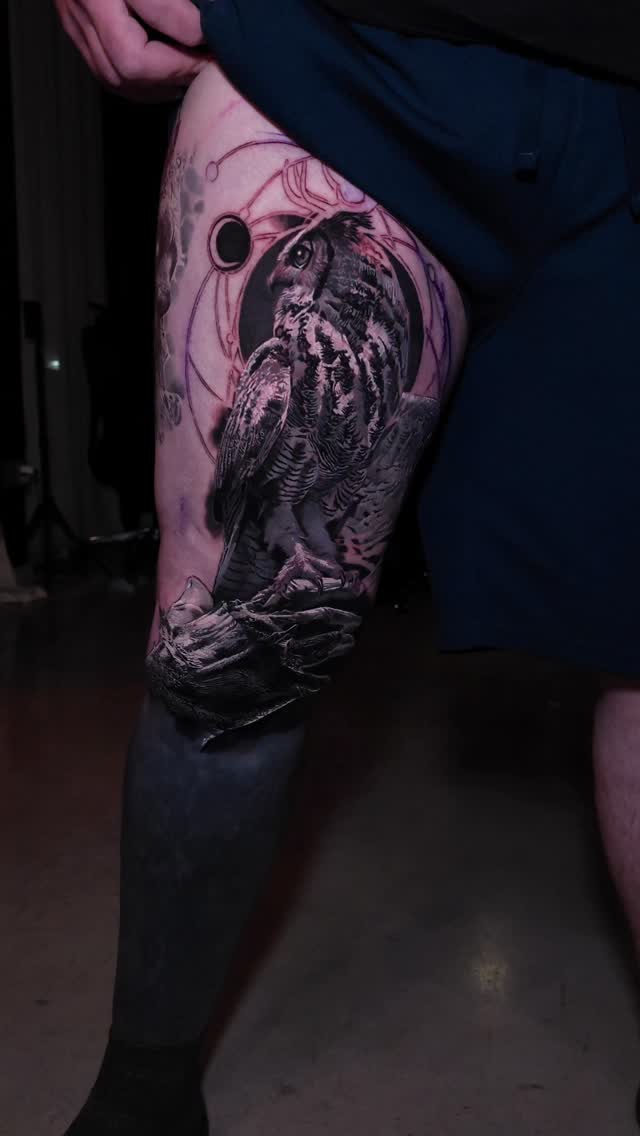 Realism owl leg tattoo in progress