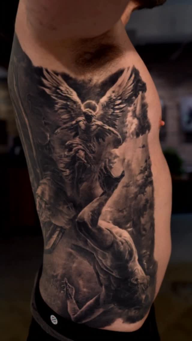 Guardian Angel side piece, black-and-grey realism