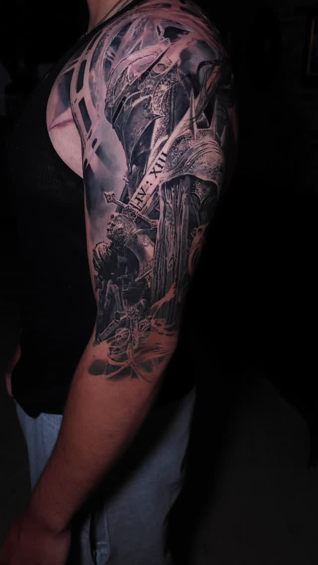 Fantasy dark knight full sleeve in black-and-grey