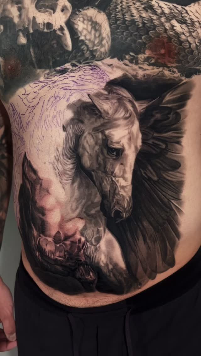 Pegasus back tattoo in black-and-grey realism