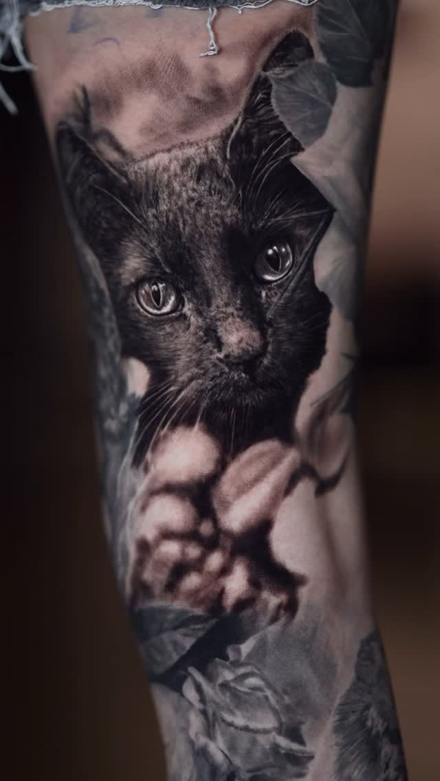Black-and-grey cat portrait leg sleeve tattoo