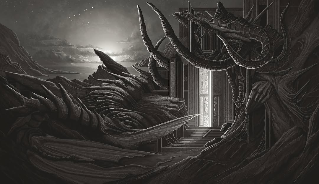 Capricorn doors surrealism illustration, black-and-grey