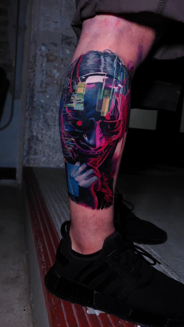 Cybernetic portrait with glitch effect, calf