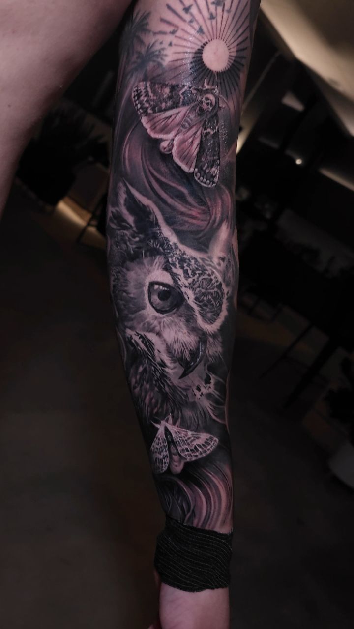 Celestial owl and moths sleeve in black-and-grey