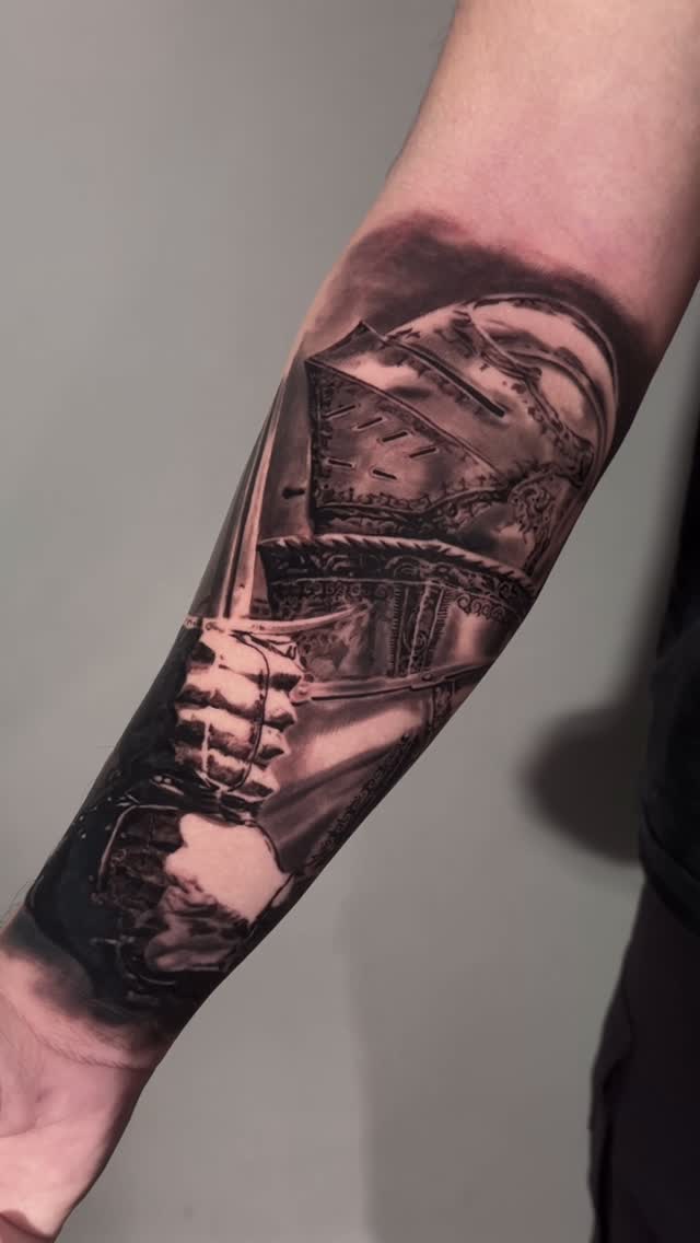 Medieval armor portrait forearm tattoo