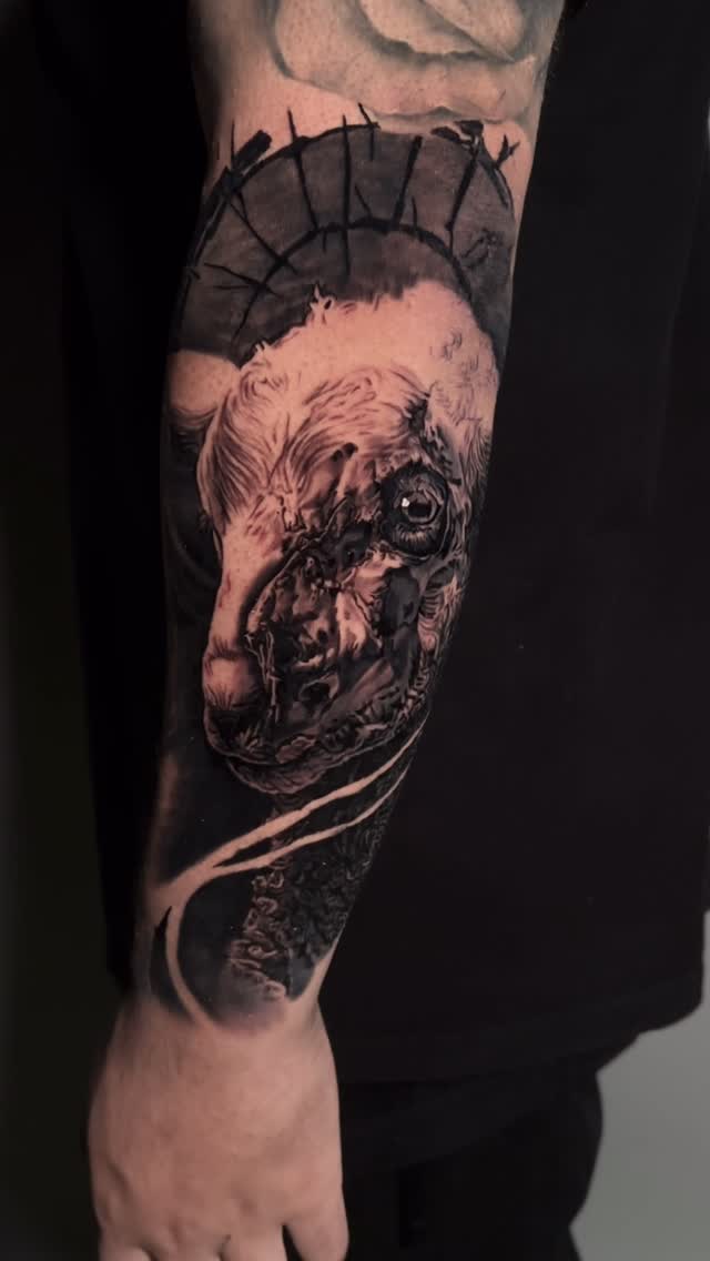 Black-and-grey skull with crown, forearm