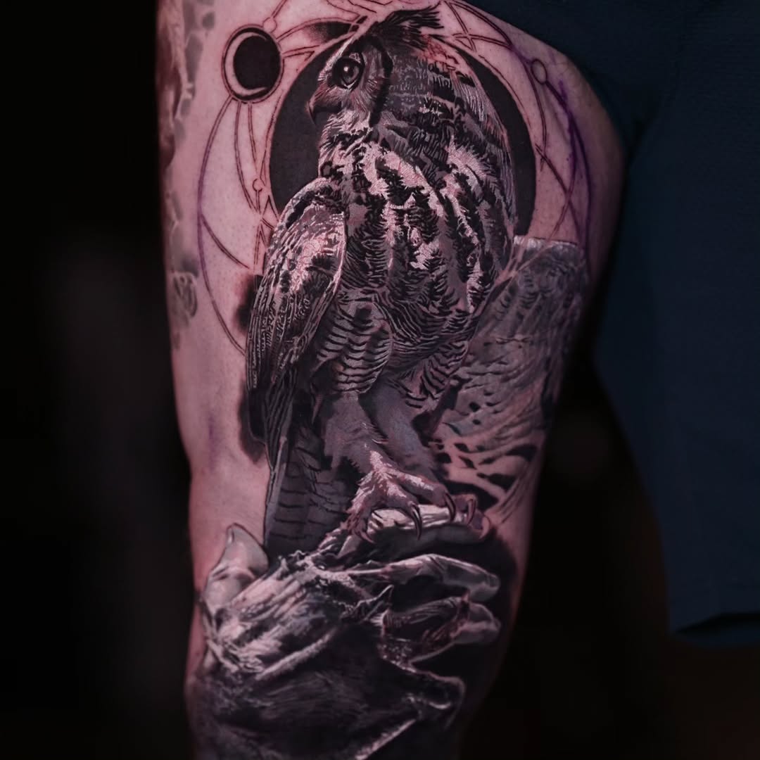 Owl portrait with geometric moon, shoulder