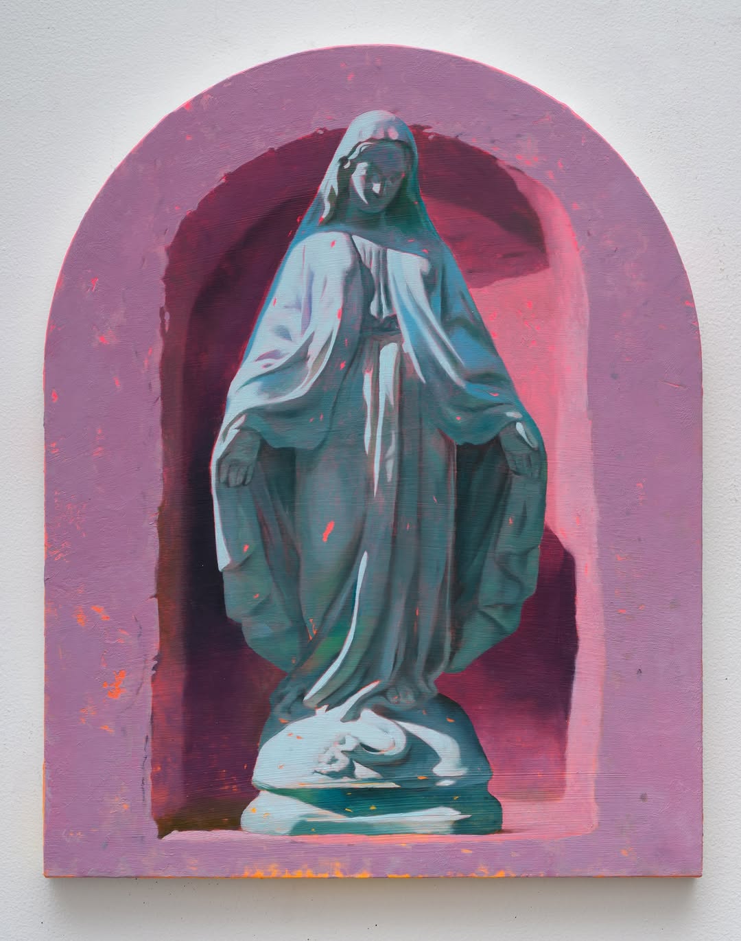 Religious statue oil painting with pink archway