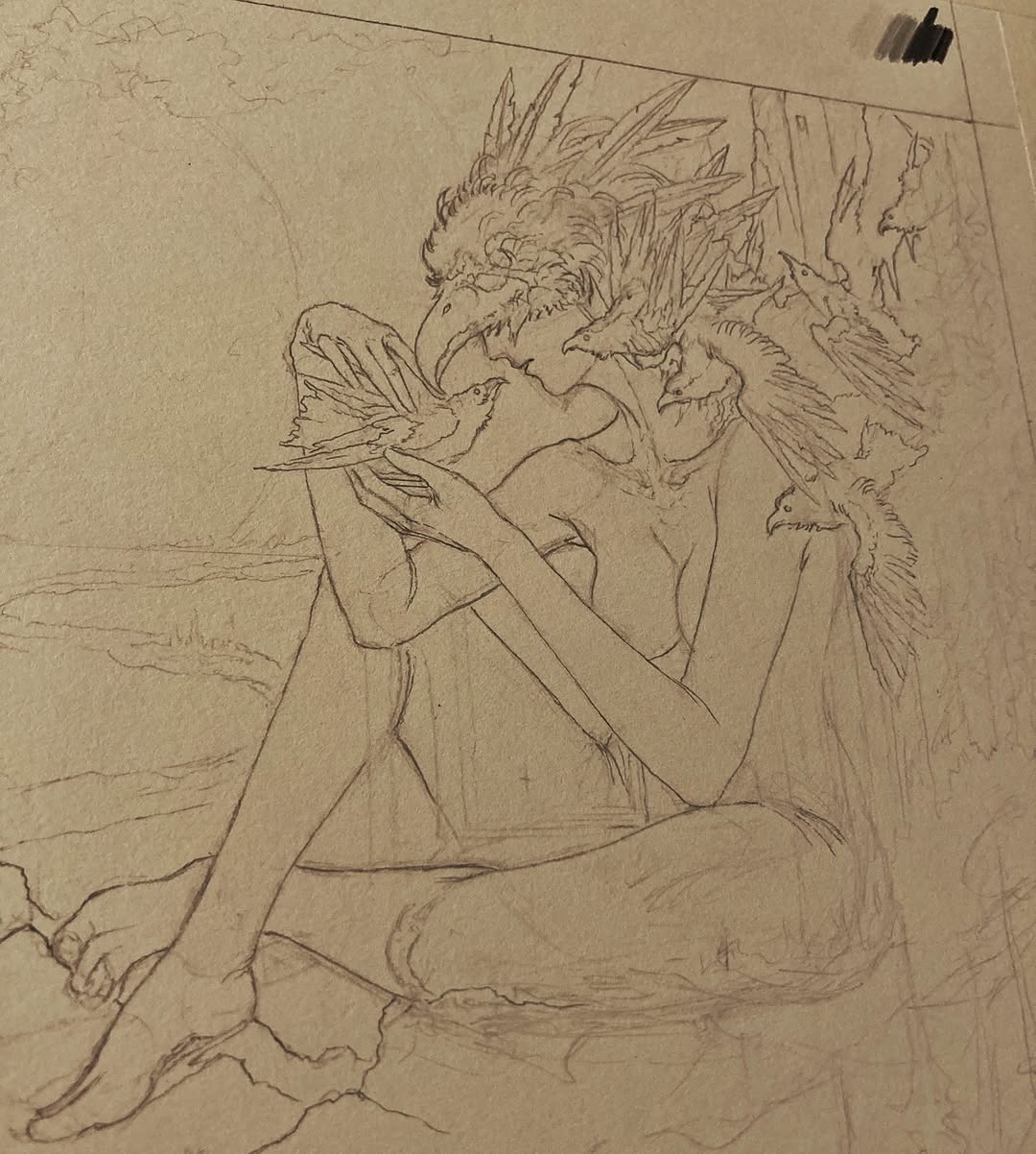 Fantasy figure with winged creatures sketch