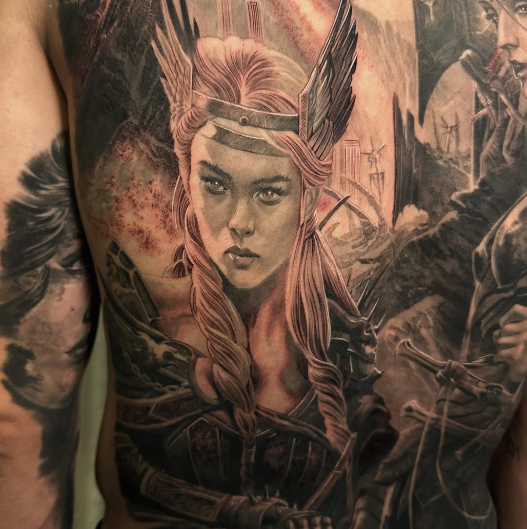 Fantasy warrior portrait back piece in color