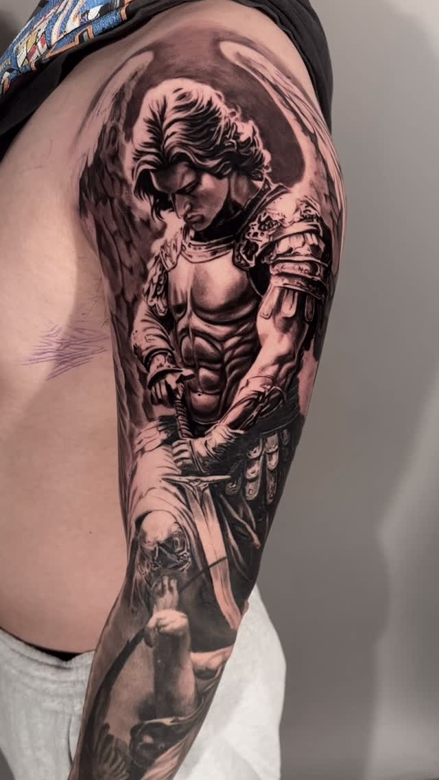 St Michael angel religious half-sleeve in black-and-grey