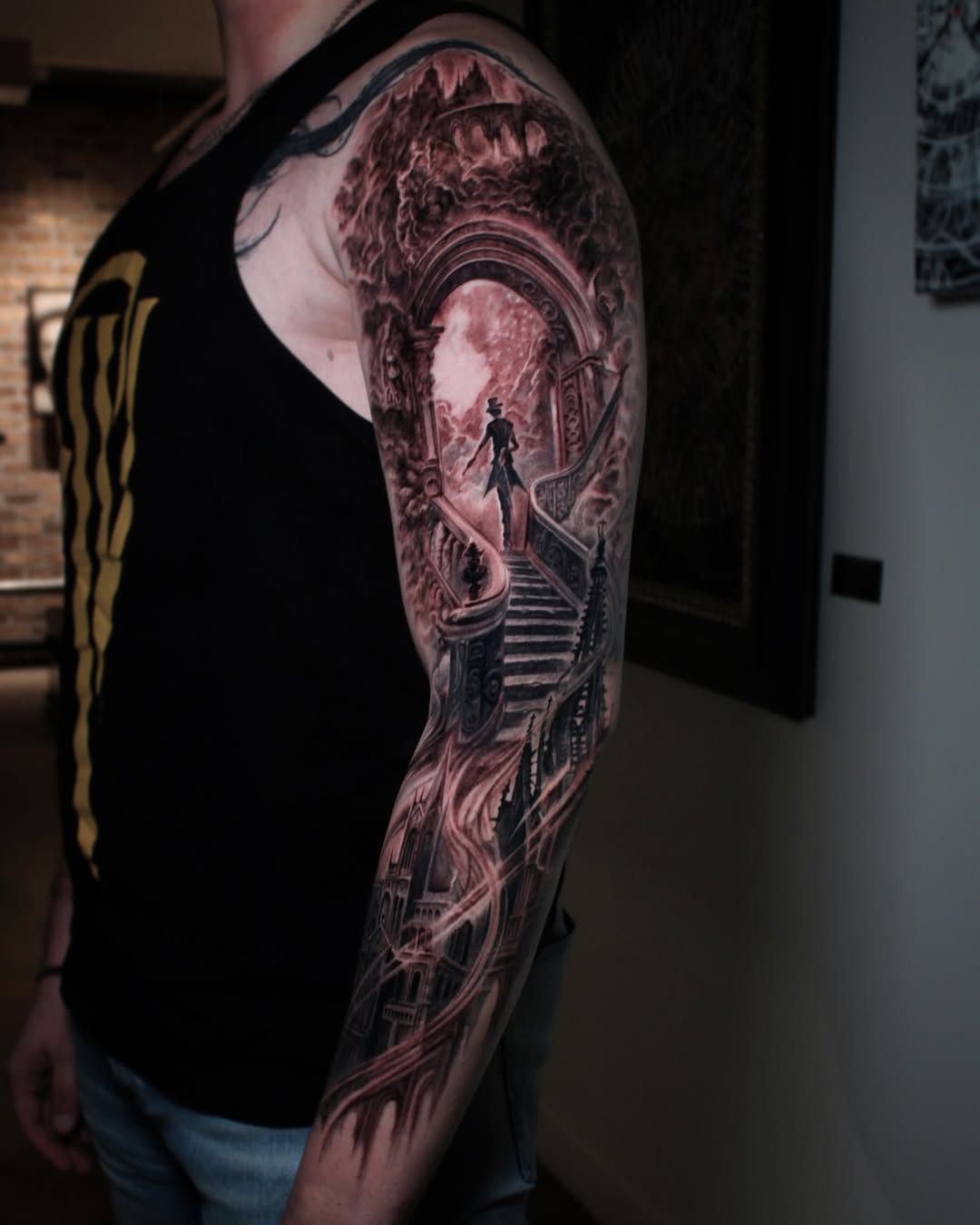 Fantasy architecture full-sleeve with silhouette figure