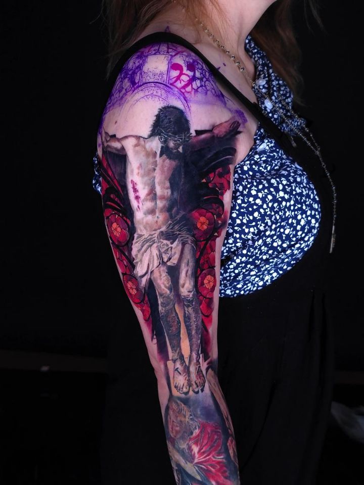 Surreal portrait leg sleeve with flowers and figures