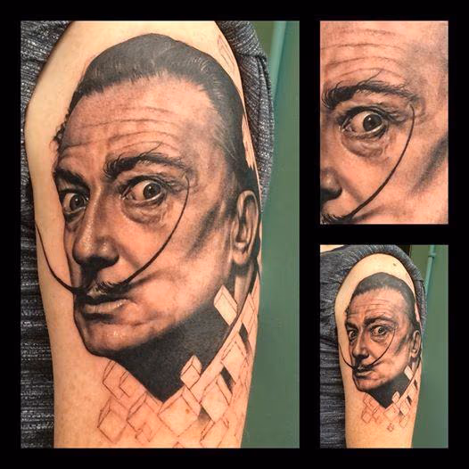 Black and Grey Salvador Dali portrait tattoo