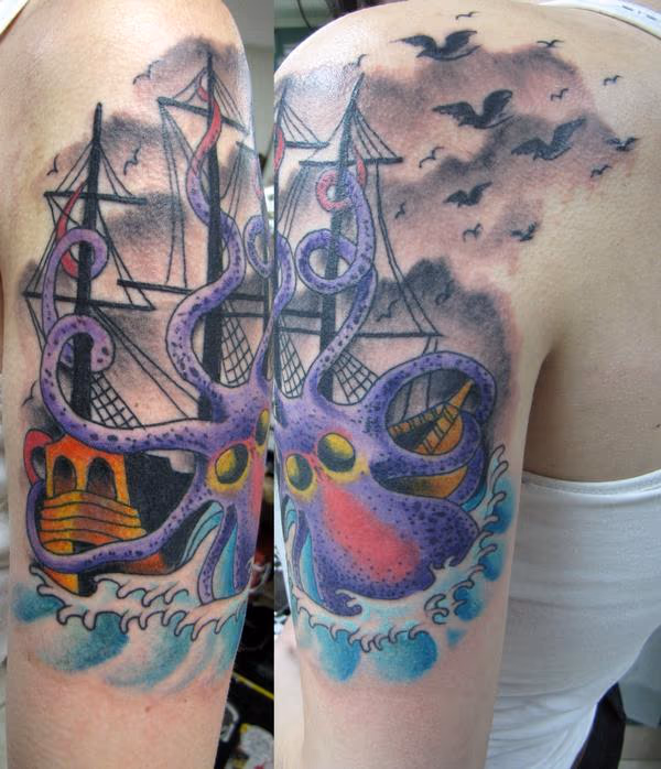 Octopus and Ship Traditional Tattoo
