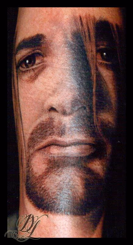 Black and Gray Curt Cobain Portrait Tattoo