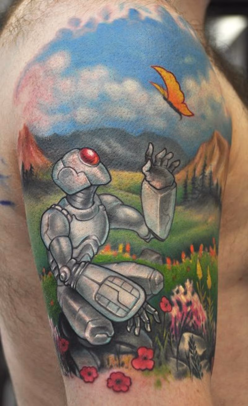 Robot and butterfly tattoo