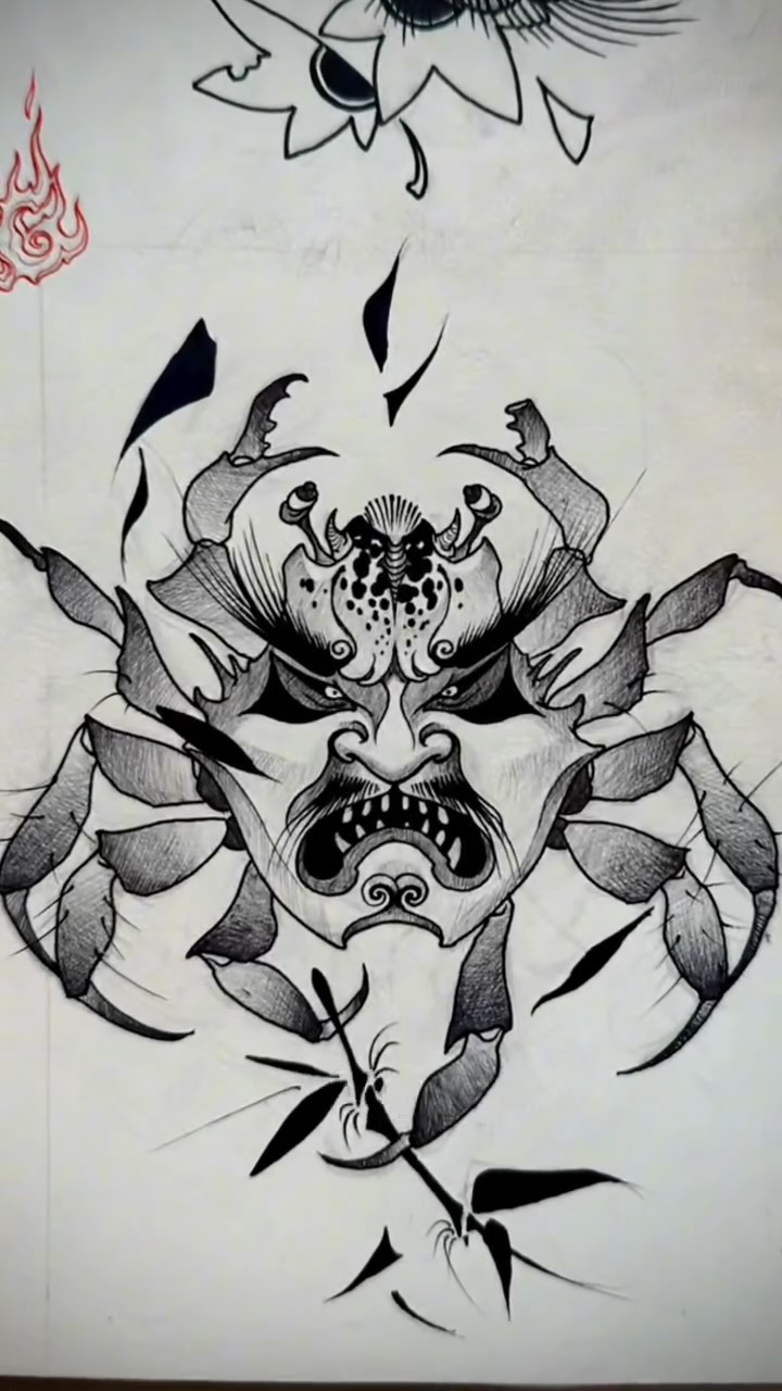 Demon face with floral surrealism design