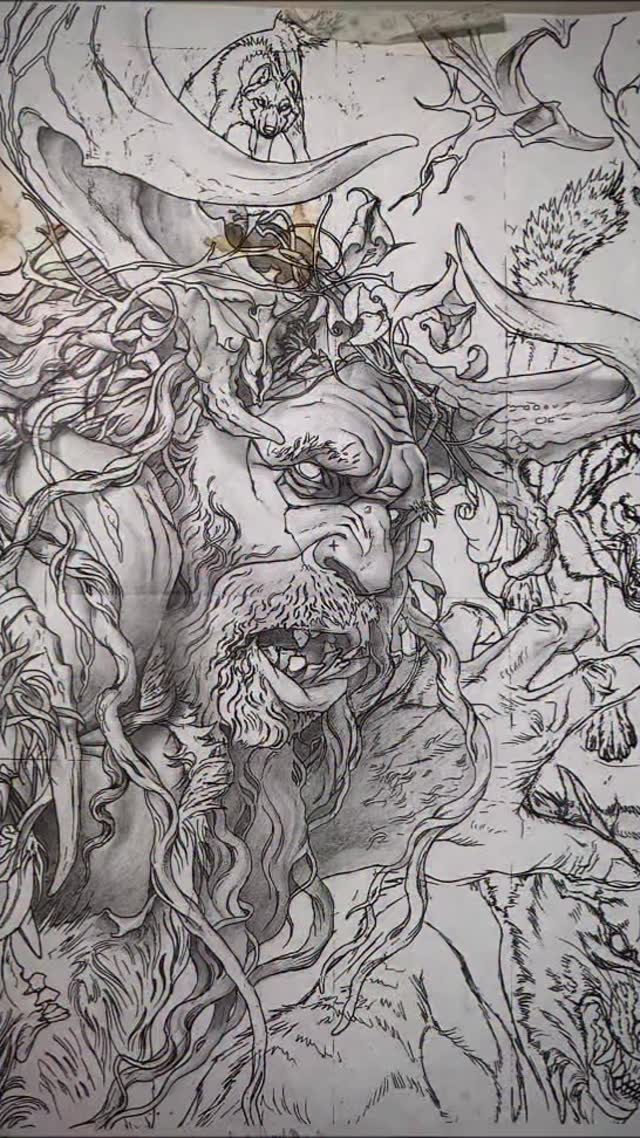 Surreal beast evolution sketch, illustrative fine-line