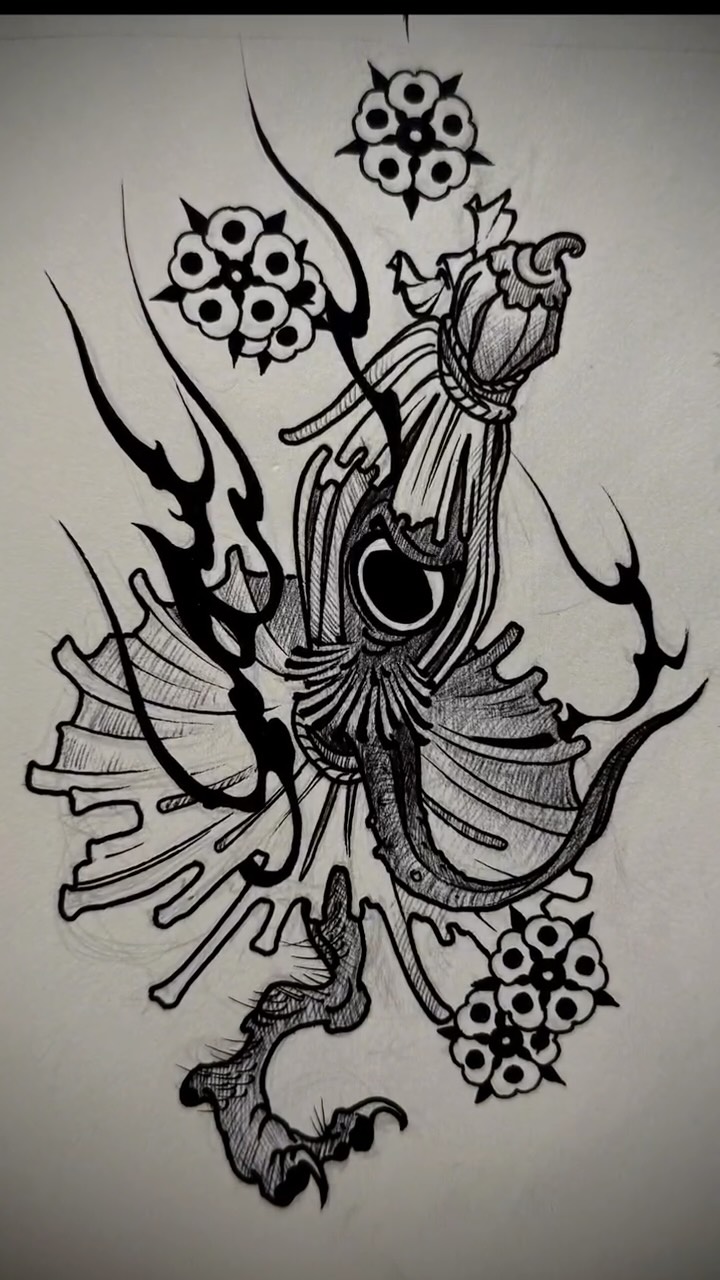 Surrealist botanical creature ink drawing