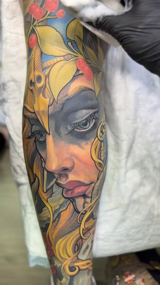 Surrealist female portrait sleeve with floral elements
