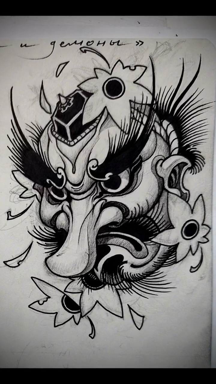 Tengu demon with flowers, black-and-grey design
