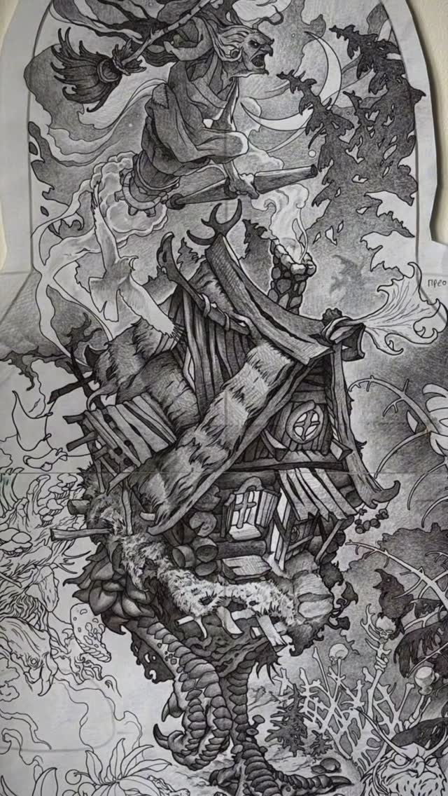 Haunted house fantasy illustration, black-and-grey
