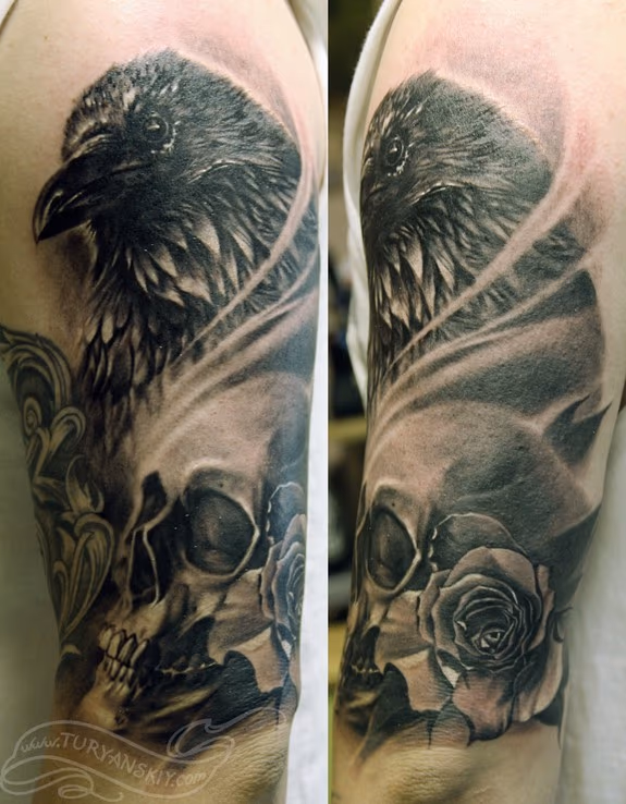 Crow skull rose tattoo