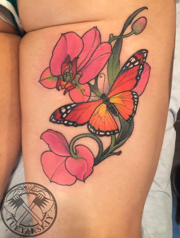 Butterfly and Flowers Tattoo