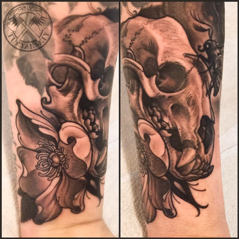 Bear skull and dog rose flower