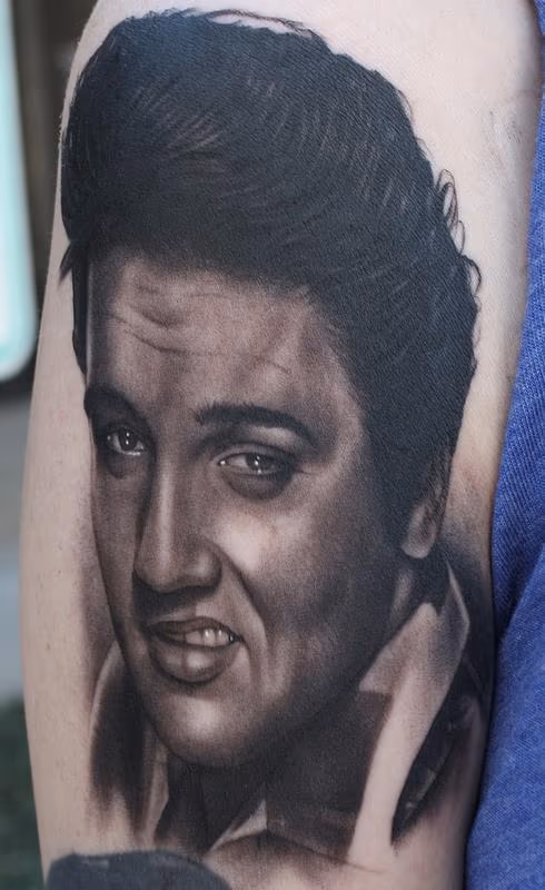 Black and Gray Elvis Portrait Tattoo