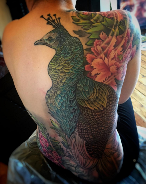 Color Peacock Back Tattoo (in-progress)