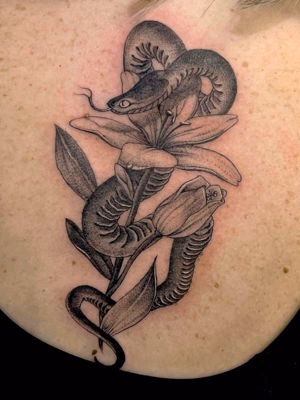 Snake with Flowers Tattoo