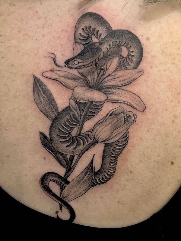 Snake with Flowers Tattoo