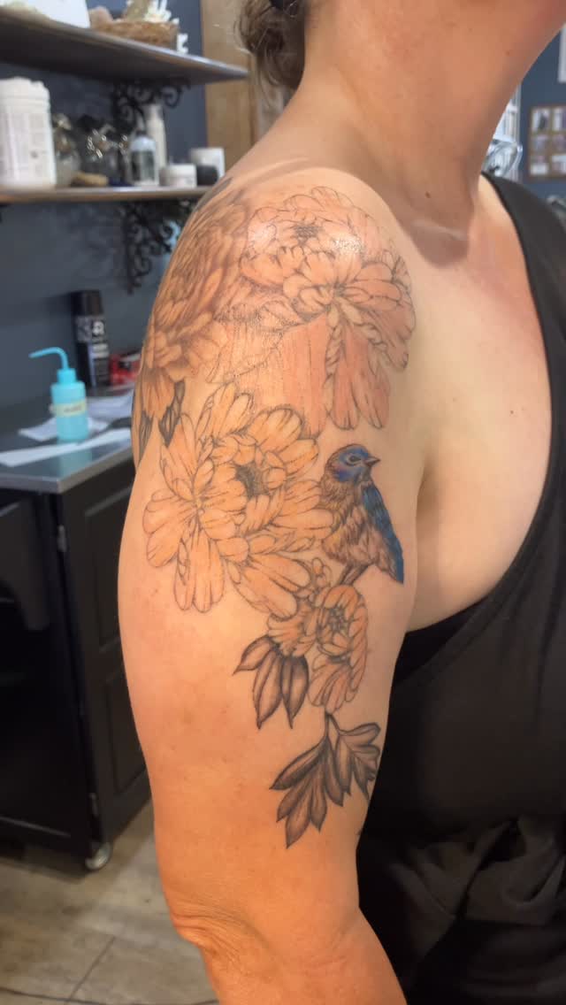 Floral sleeve with bird, in-progress