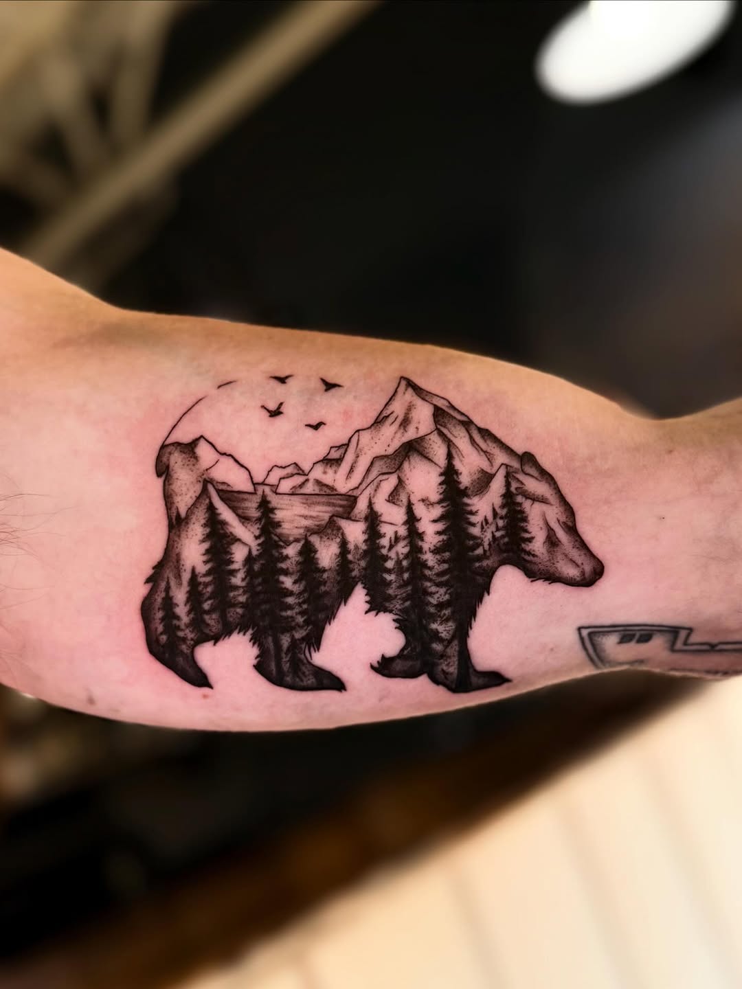 Bear with forest landscape double-exposure, forearm