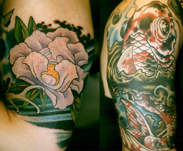 sean's koi and peony half sleeve