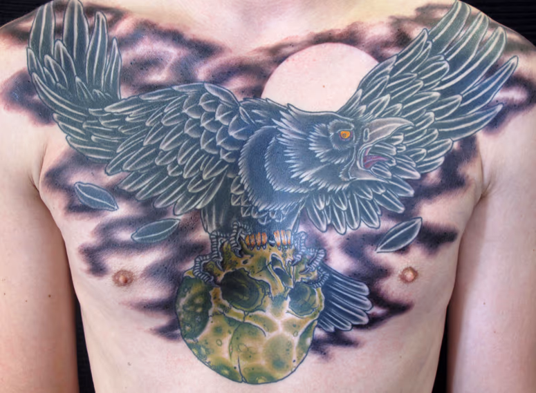 Crow and Skull Chest Tattoo
