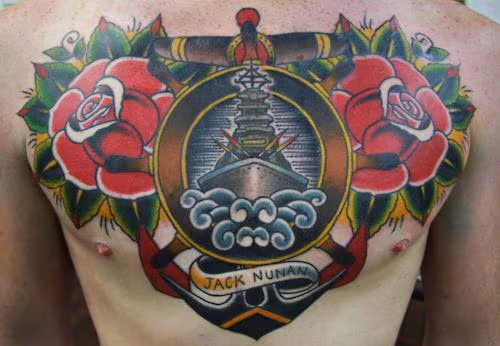 Traditional Ship and Roses Chest piece Tattoo