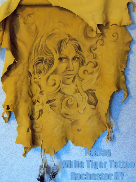 Mixed media on deer hide (my sincerest apologies to my Vegan friends... )