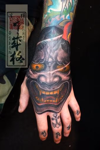 Hannya Mask Hand Tattoo