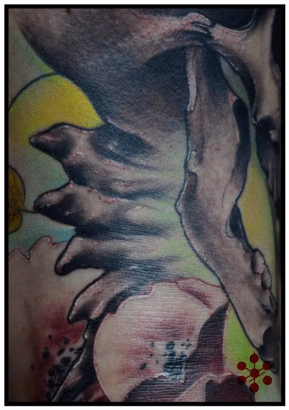 Close Up Skull & Skeleton, blood, flowers, neotraditional art nouveau, color, leg