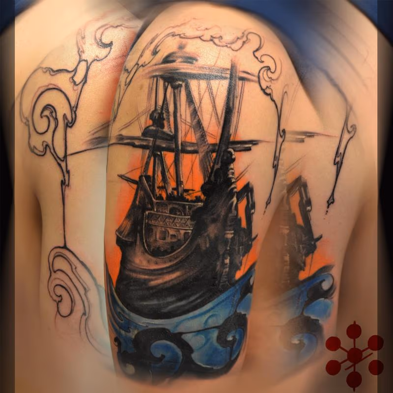 Cover Up Pirate Ship, color, neo traditional boat, art nouveau filigree