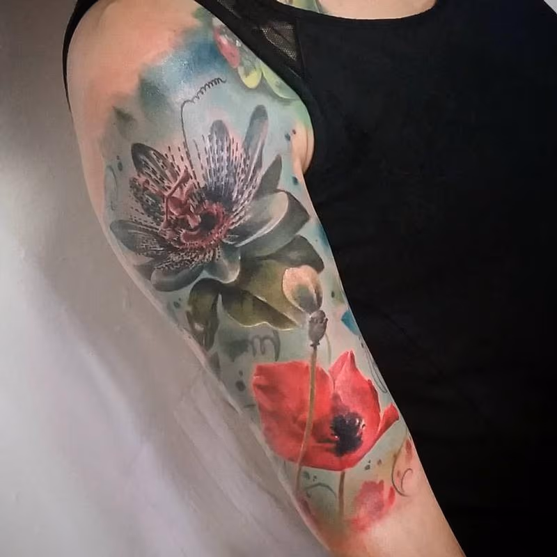 Flowers Realistic, color, half sleeve, poppy, lily realism, yorick tattoo