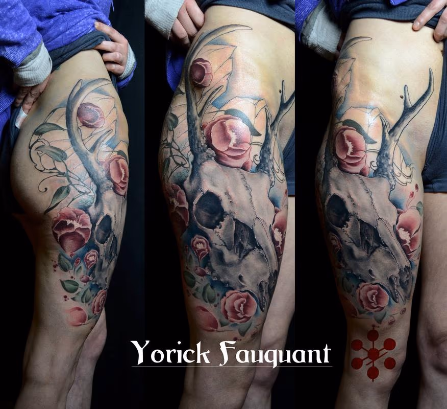 Deer Skull & Flowers, roses, art nouveau, neotraditional, color leg thigh tattoo