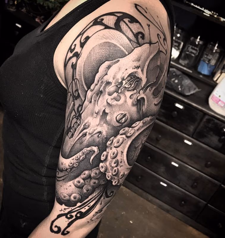Art Nouveau, Biomech Octopus sleeve, black and grey, sketchy tattoo