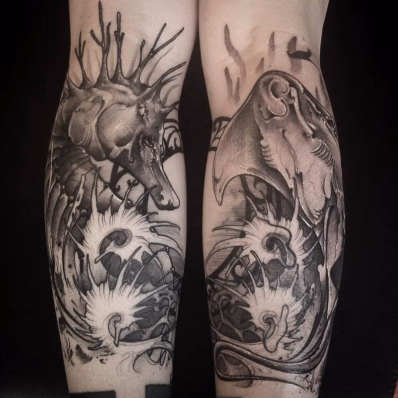 Art Nouveau Seahorse, stingray, black and grey sketchy stippling on calves
