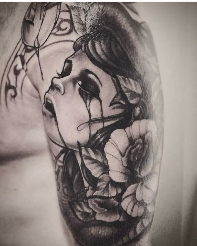 Black and Grey woman, Eve, Crying, Apple, Roses, Sleeve, Snake, Art Nouveau, Yorick Tattoo, Neotrad