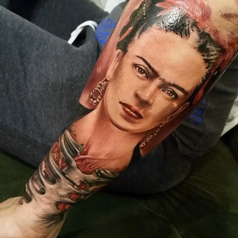 Frida Kalho realism, realistic, skeleton, flowers, forearm Yorick Tattoo